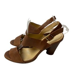 M Gemi Brown Leather Wood Stacked Heel Sandals Size 39.5 8.5 Made in Italy